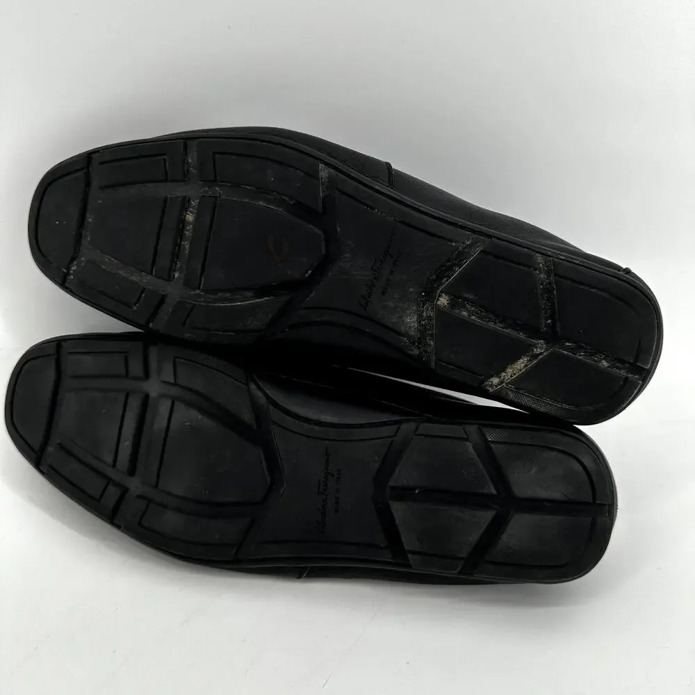 Salvatore Ferragamo Gancini Driving Loafers Pebbled Leather Slip On Black 6.5EE